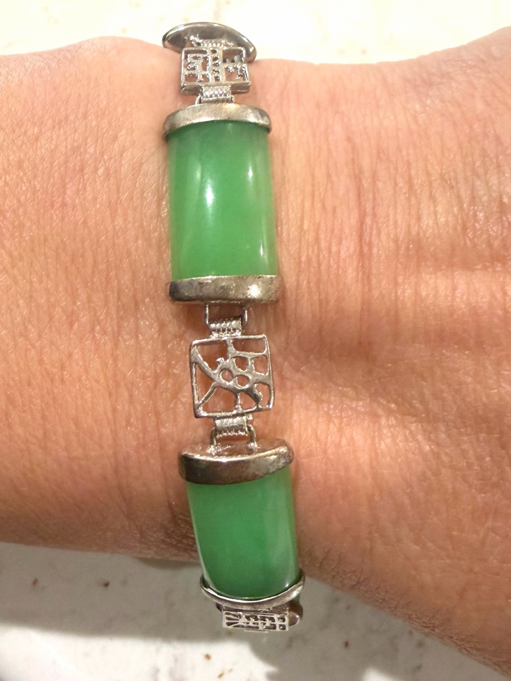 Vintage Sterling Silver Genuine Green Jade Chinese Five Blessings Panel Bracelet